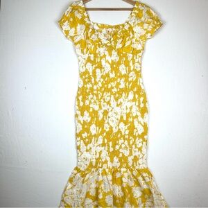 Luxxel Smocked Floral Ruffle Hem Midi Dress NWT Bodycon Milkmaid Party